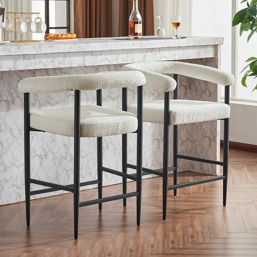 Modern Upholstered Bar Stools Set of 2, Boucle Fabric Counter Height Chairs, Kitchen Island Bar Chairs for Home, Dining Room