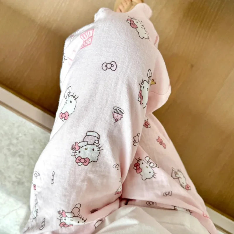 Sanrio Hello Kitty Pure Cotton Pajama Pants Wide Kawaii Kitty Leg Pants Girls Summer Thin High Waist Casual Trousers