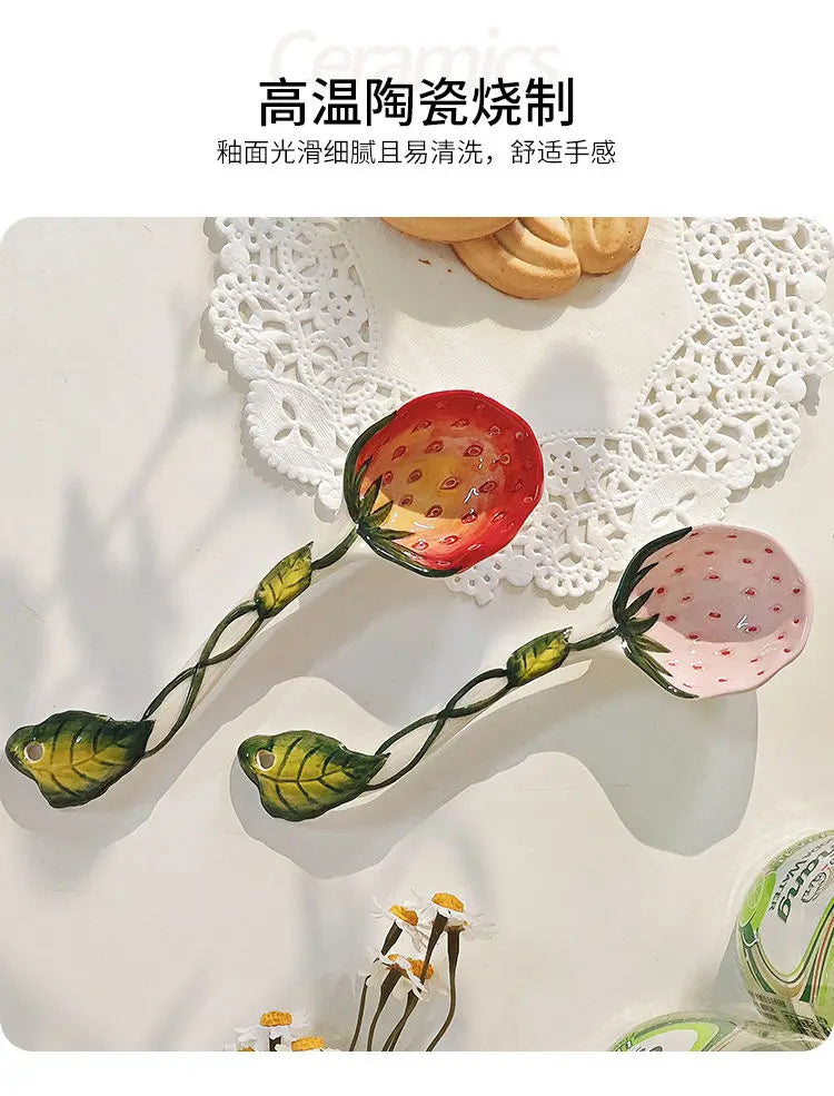 Strawberry Ceramic Spoon, Watermelon Panda Underglaze Household Cute Long Handle Children Eat Dessert Spoons Tableware