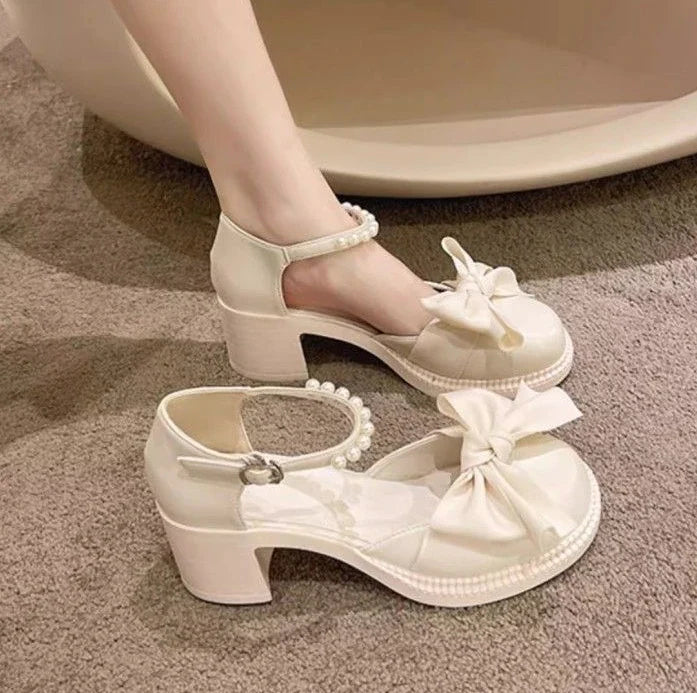 Ladies Luxury Bow Pearl With Medium Heels Mary Jane Shoes