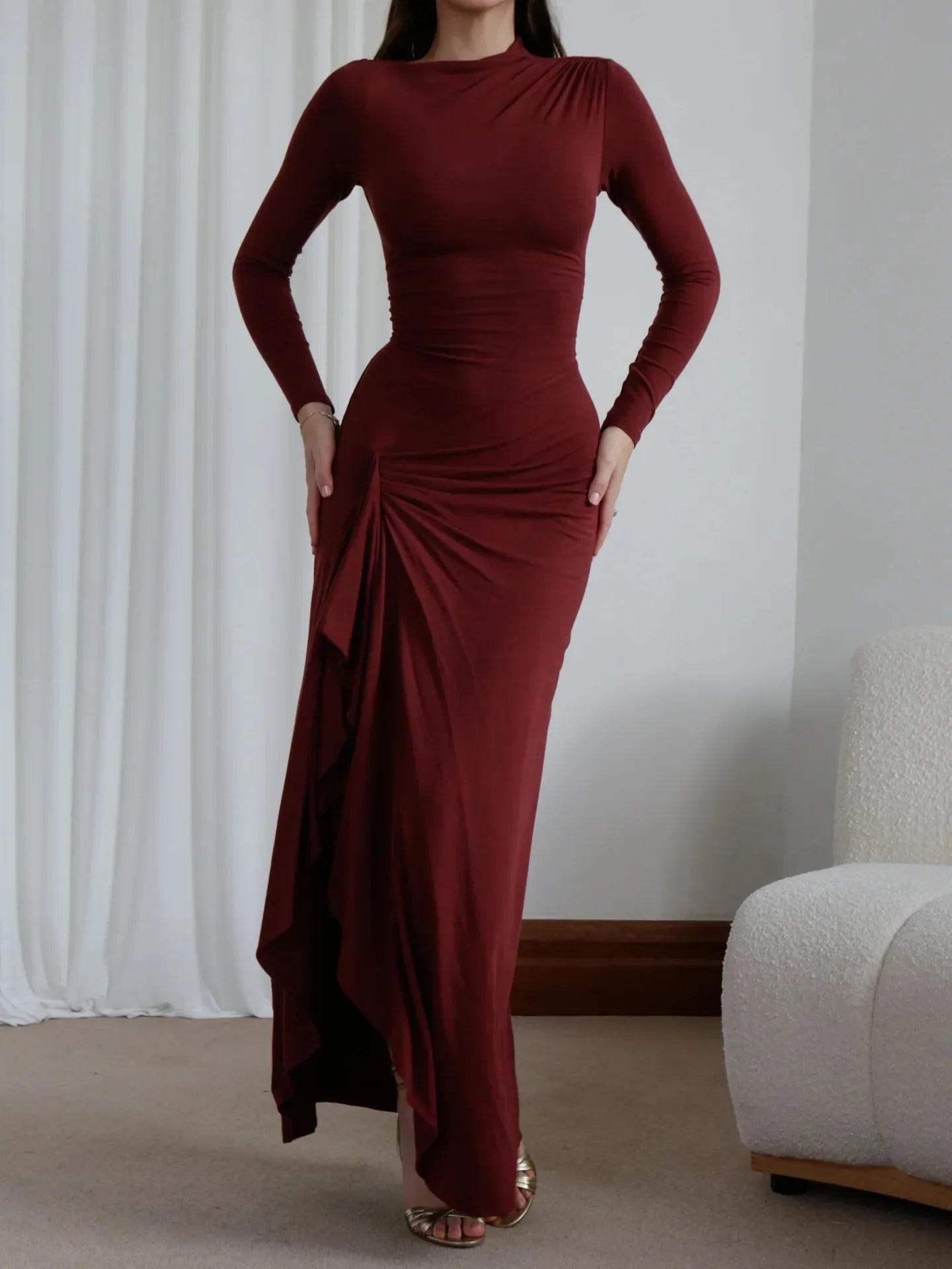Elegant White Ruched Dresses Womens Long Sleeve Curvy Slit Evening Luxury Party Dress Winter Evening Black Gowns Red Prom Robe