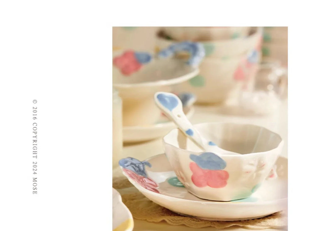 Cute Pattern Ceramic Plates Print Round Deep Tableware