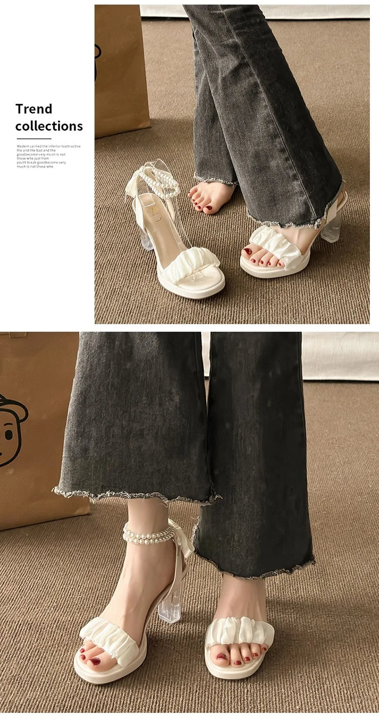 Women's Fashion Crystal Pearl High Heels Sandals