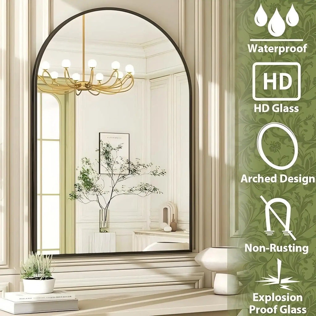 Wall Mounted Vanity Mirror with Aluminum Alloy Frame, Black 16" x 24" Arch Bathroom