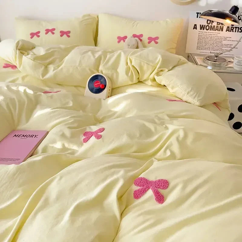 Girls Bedding Set with Bow Korean Breathable Duvet Cover No Filler Flat Sheet Pillowcases Mix Color Comforter Cover Set