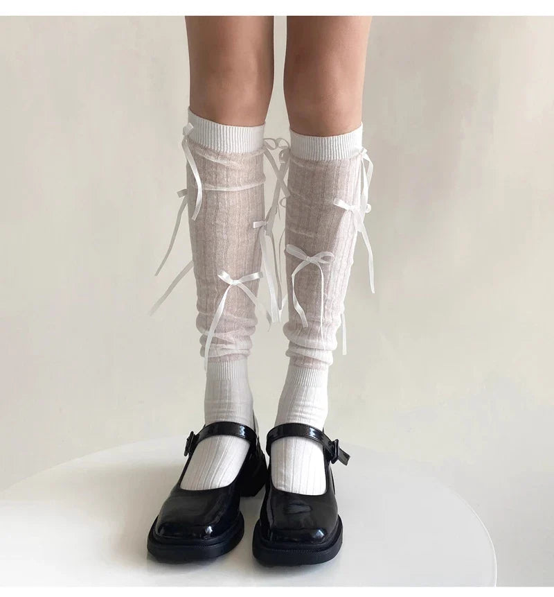 Sweet Lolita Style Stockings Students Fashion Basic Bowknot Knee-high Socks Cotton Fabric Women Mid-calf Sock