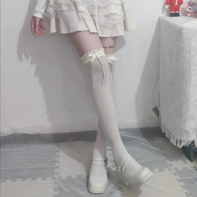 Women Lace Black White Ruffle Long Socks Women Girls Sweet Stockings Lolita Nylon Lace Leggings Over The Knee Bowknot Hosiery