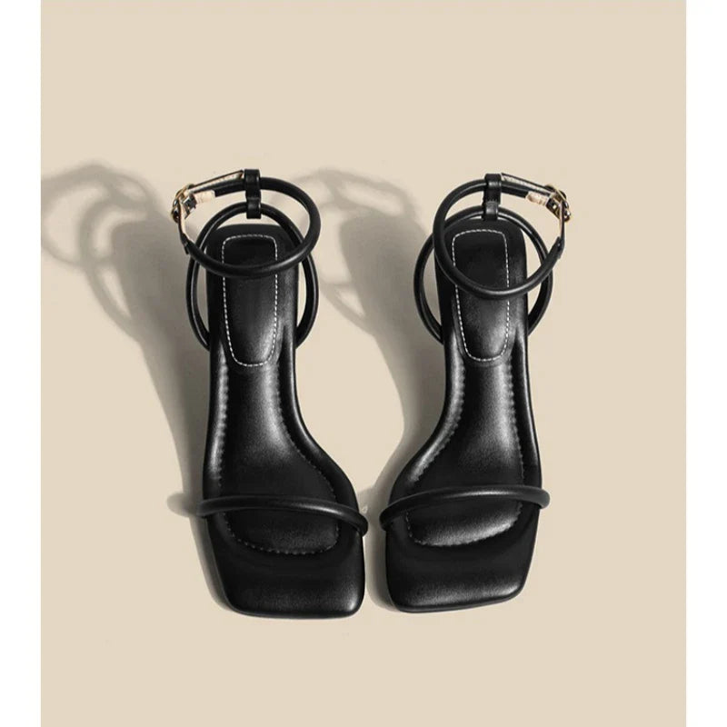 Women's High Heel Sandals Square Toe Thin Heels One-length Strip Open Toe Sandals