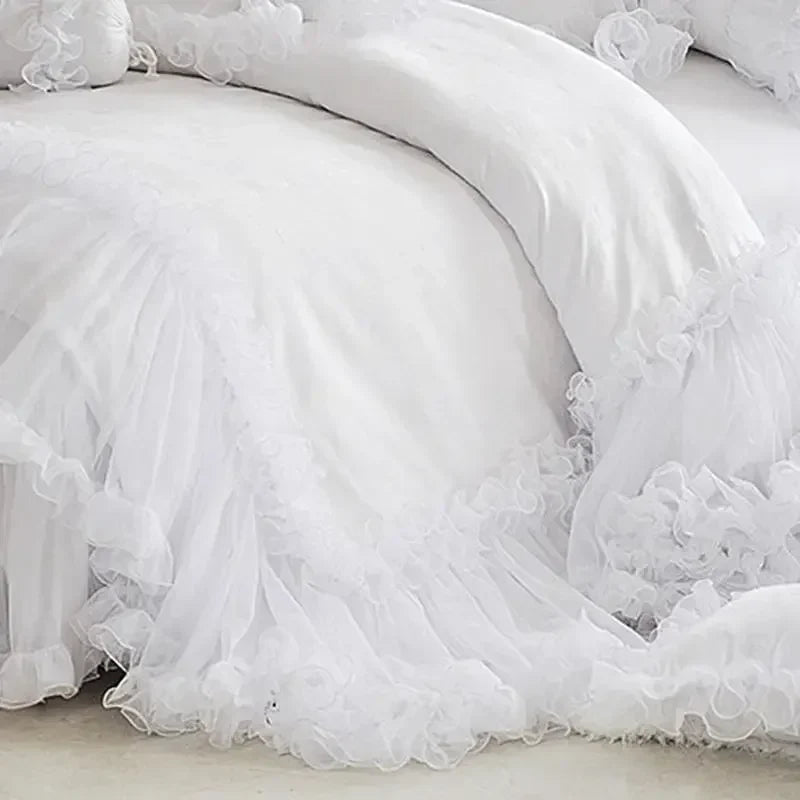 Pink Jacquard Satin Bedspread Bedding Set Luxury Princess Wedding Bed Set Lace Ruffle Duvet Cover Bed Skirt Pillowcases Cotton