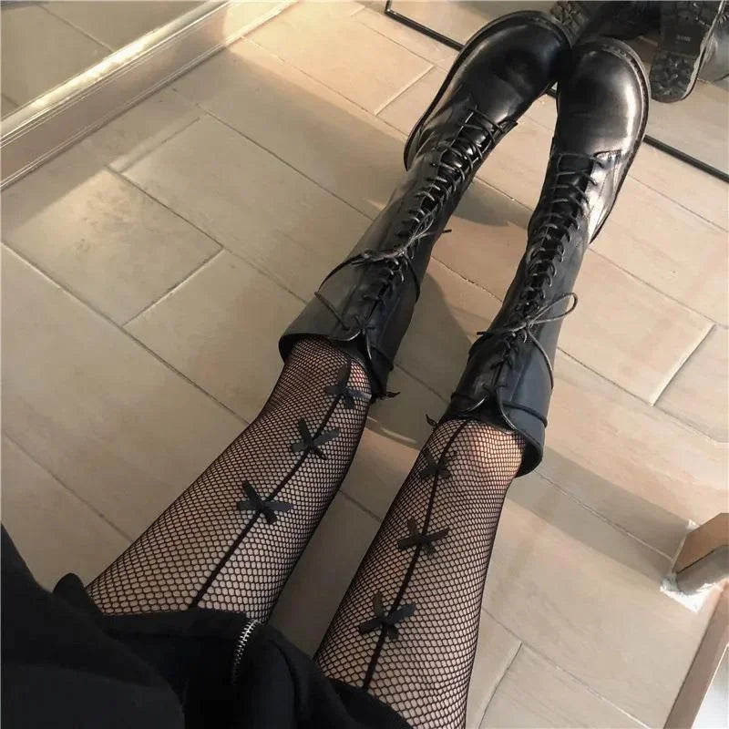 Women Stockings Pantyhose Hollow Out Transparent Slim Fishnet Pantyhose with Bow-knot