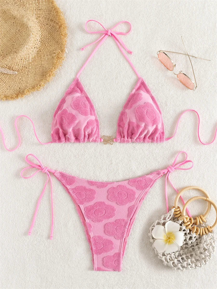Sexy Pink Bikinis Sets Women Halter Push Up Bra Tie Side Thong Swimsuit Brazilian Beach Bandage Bathing Suit Micro Swimwear