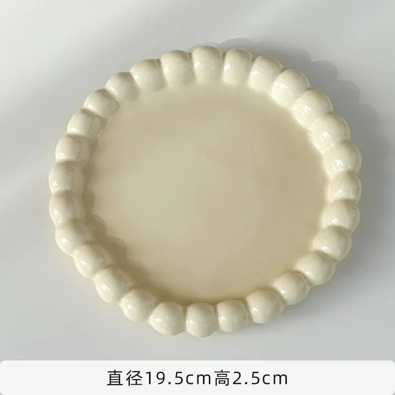 White/Yellow Beads Ceramic Plate Round Tableware Main Dish Decorative Plate Kitchen Utensils