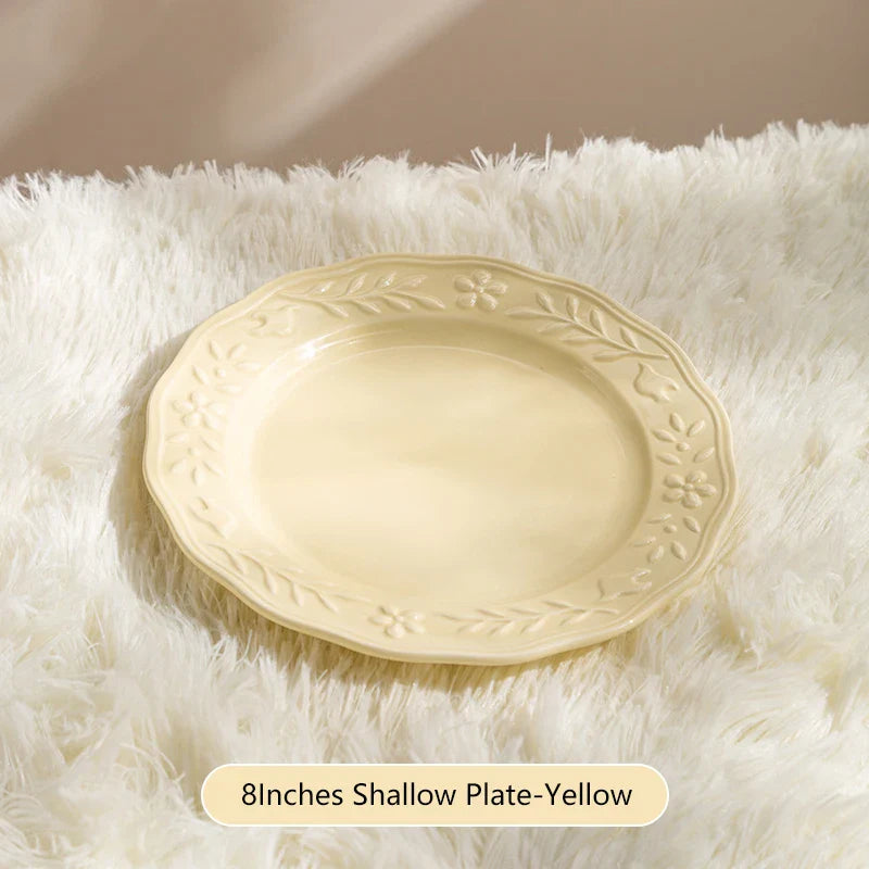 Glossy Solid Ceramic Serving Plate Floral Print Cute Bowl Versatile Dishes Simple Kitchen Tablewares