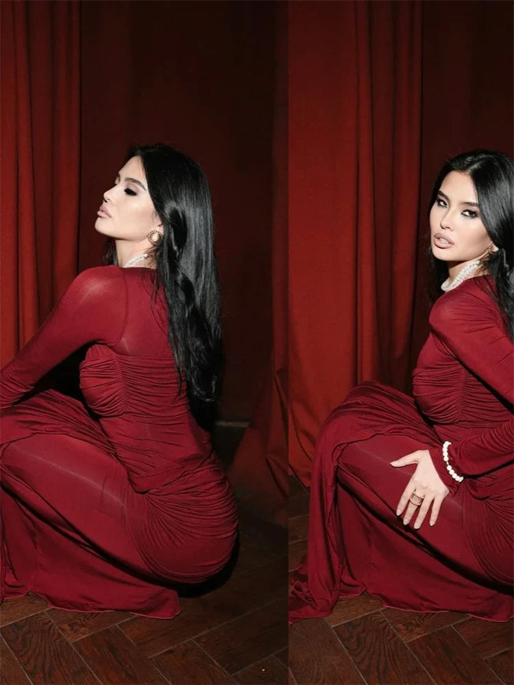 Female Pleated Sexy Maxi Dress Patchwork Twist Slim Long Sleeve Solid Women's Bodycon Dress