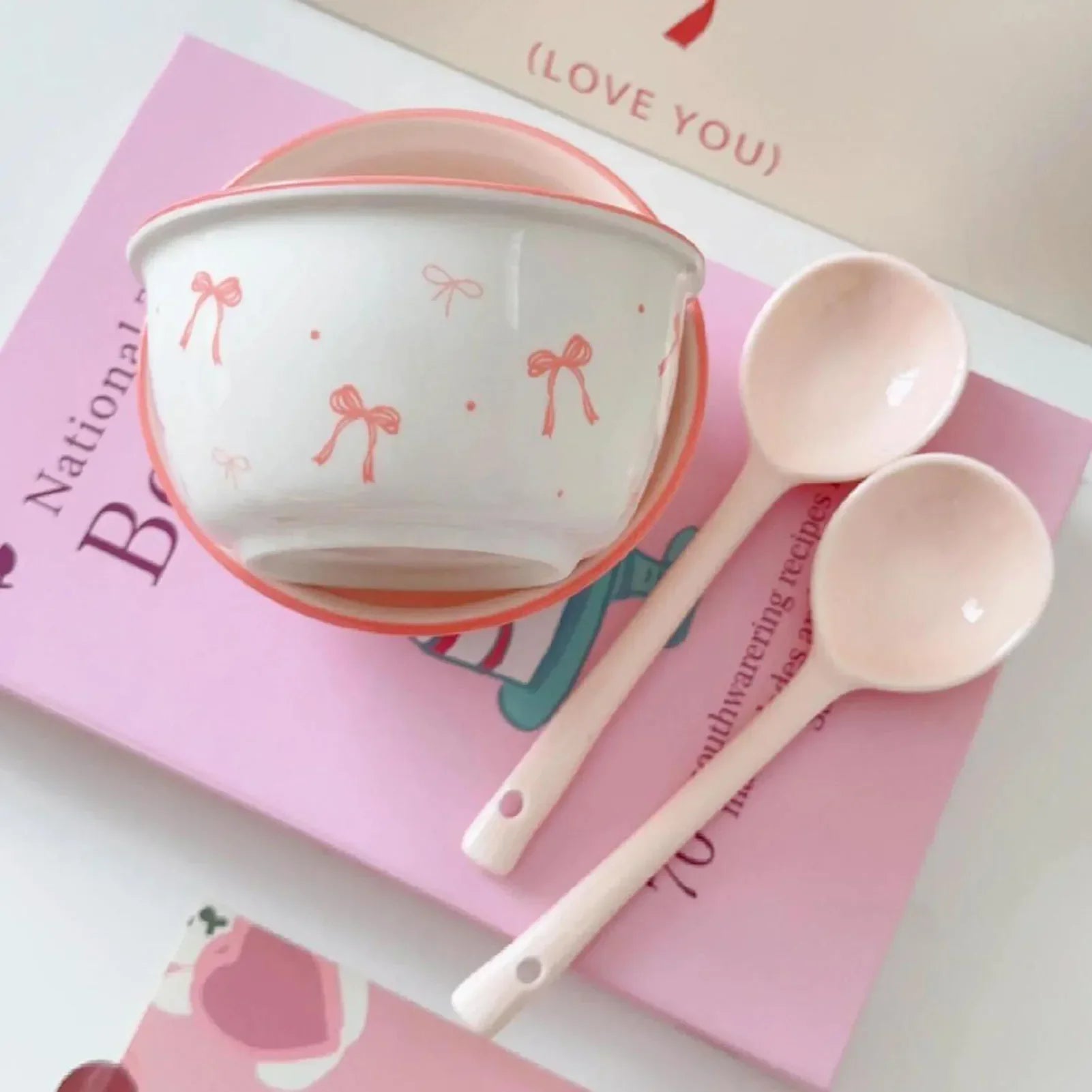 Pink Bow Bowls Cute Underglaze Colored Bowknot Ceramic Rice Bowl With Spoons