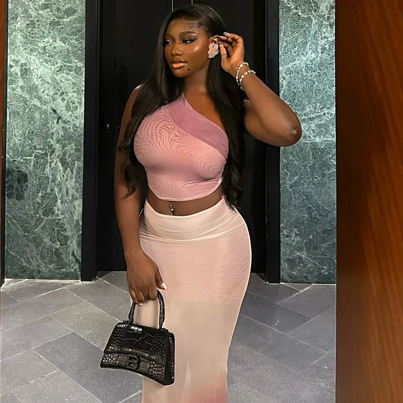 Gradient Women 2 Piece Set Elegant One-Shoulder Tank Tops+Double Deck Maxi Skirts Fashion Outfit