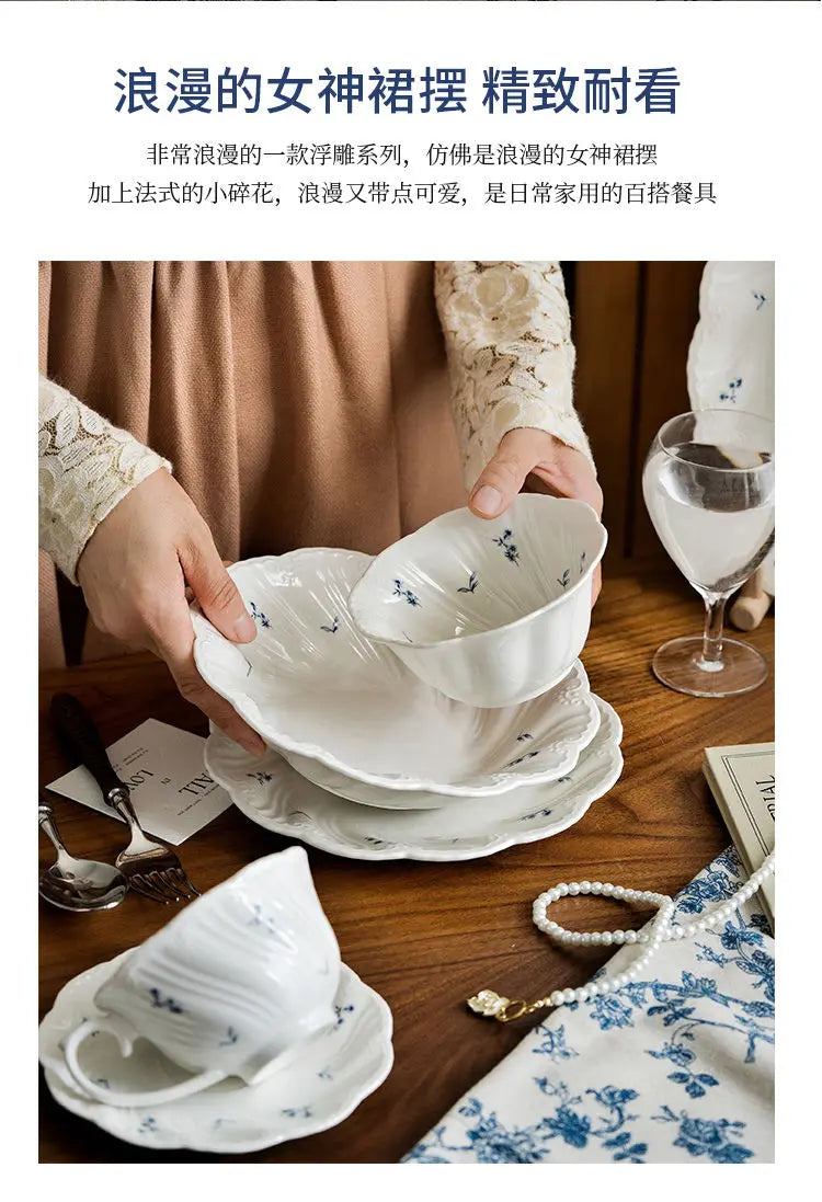 Ceramic Floral Bowl Dish Set Oval Plate New French Medieval High-end Cup Dish Set