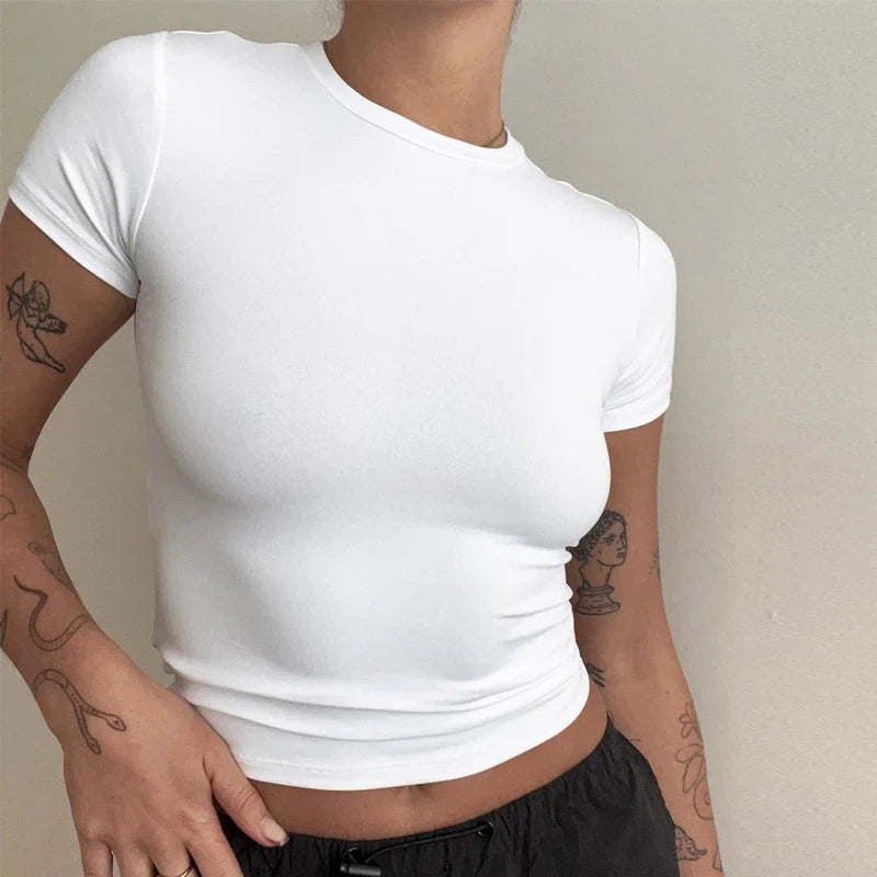 Woman Short Sleeve T-shirt Slim Fit Tops Female O-Neck Knitted Sheath Tee Shirt Street Wear Sex Sporty