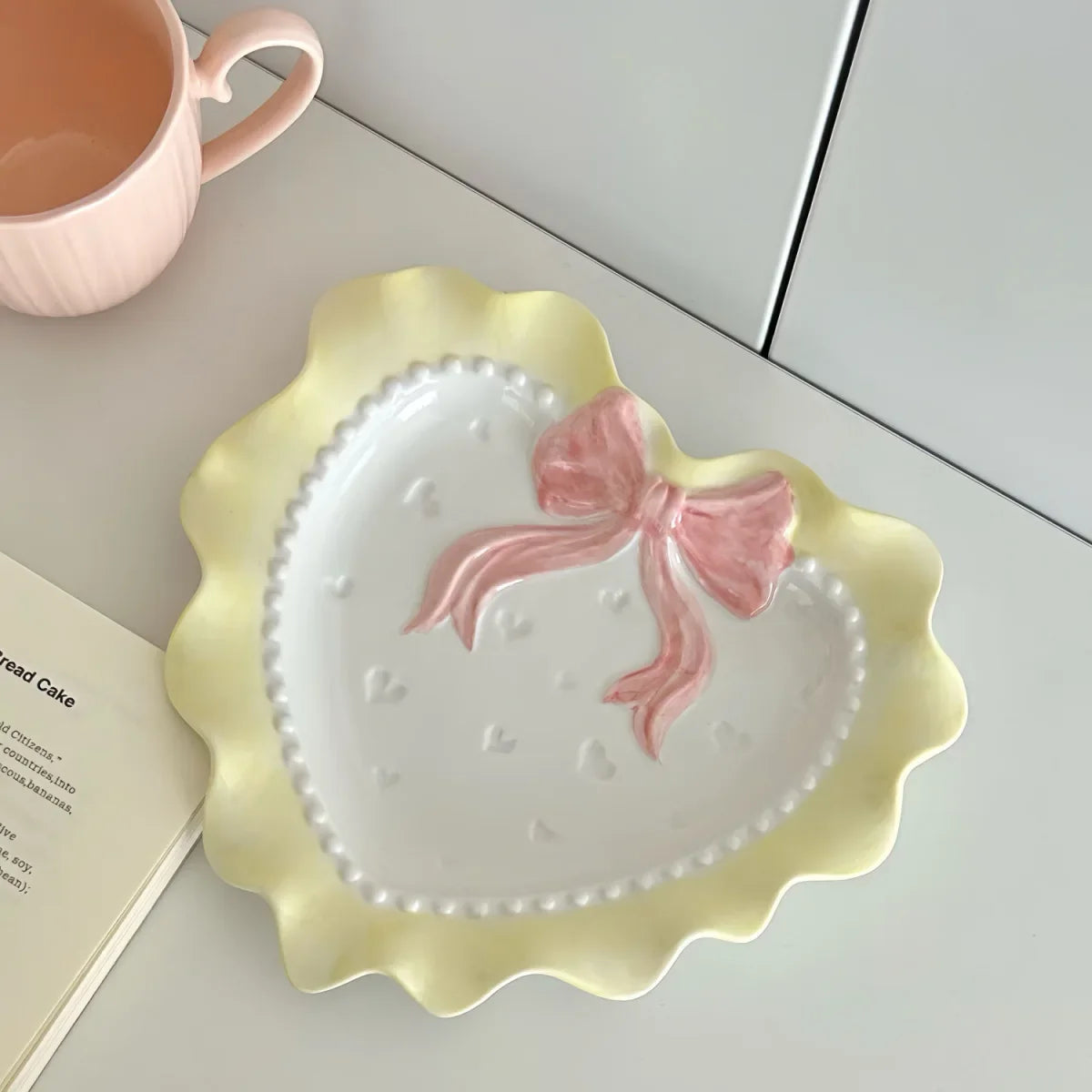 Heart-shaped Bow Wavy Edge Ceramic Dinnerware Set Ideal Cake Presentation,  Princess Pastry Platter, Lace-edged Rice Bowls