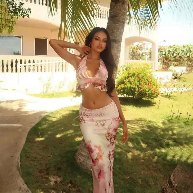 Sexy Party Two Piece Set Deep V Crop Top Midi Skirts Bodycon 2 Pieces Set