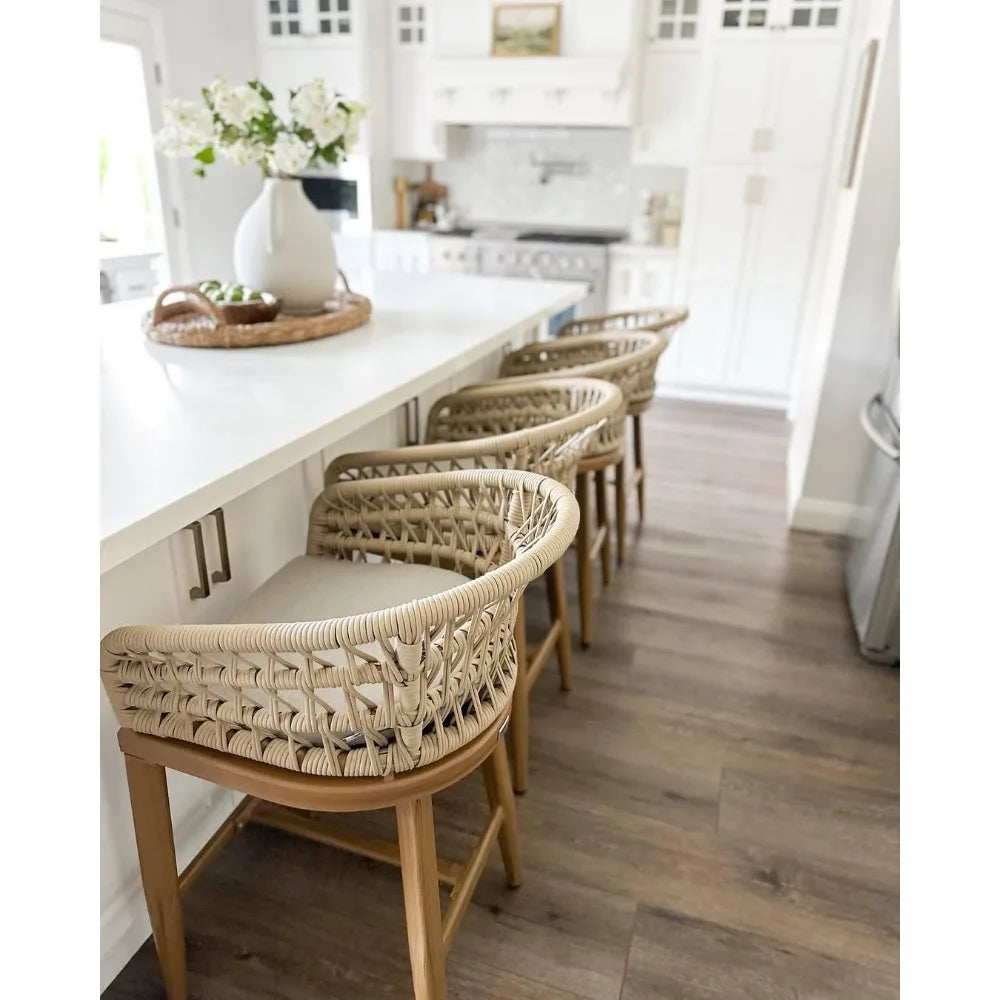 Outdoor Rattan Counter Height Bar Stools Chair, Modern Upholstered Patio Bar Stool with Backrest for Indoor and Outdoor Kitchen