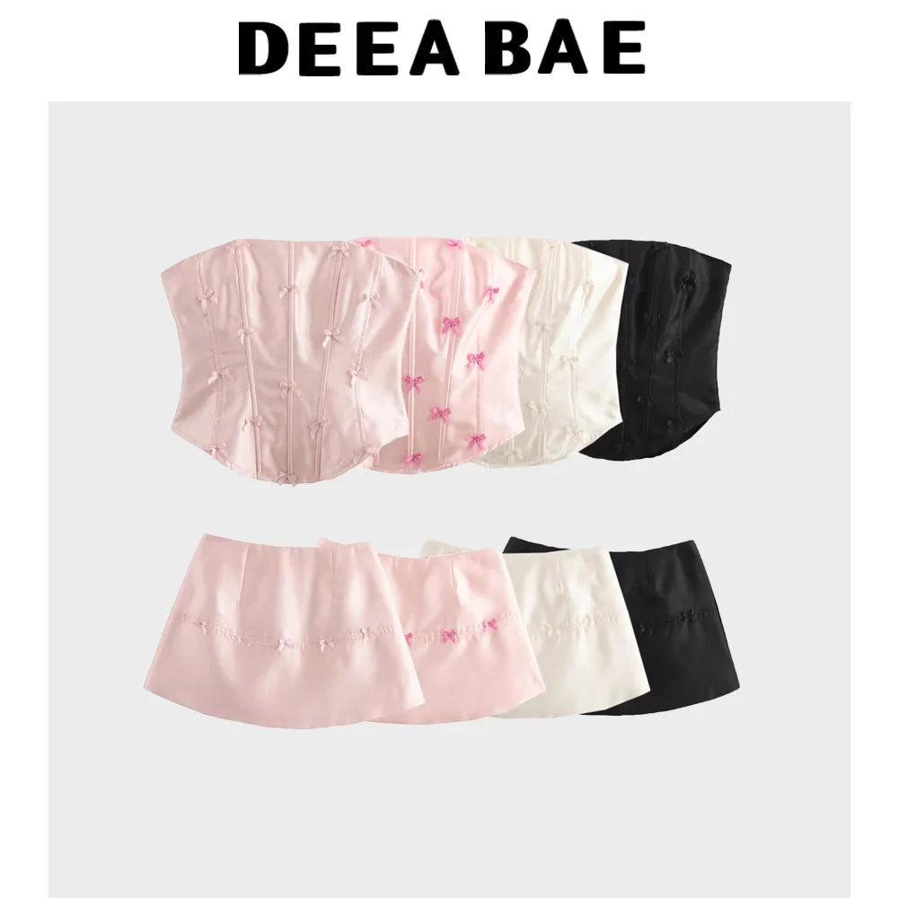 Ladies Bow Sleeveless Strapless Vest Top Women's Summer Sexy Pure Desire Set Hip Hugging Skirt Two-piece Set