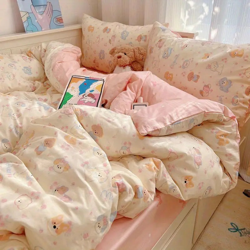 Cute Cartoon Bedding Set New No Filler Ins Soft Duvet Cover Flat Sheet Pillowcases Comforter Cover