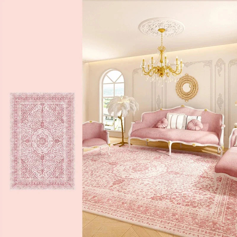 Living Room Carpet Pink Retro Carpets Soft Foot Mat Bedroom Bedside Floors Non-slip Advanced Light Luxury Home Decoration Rug
