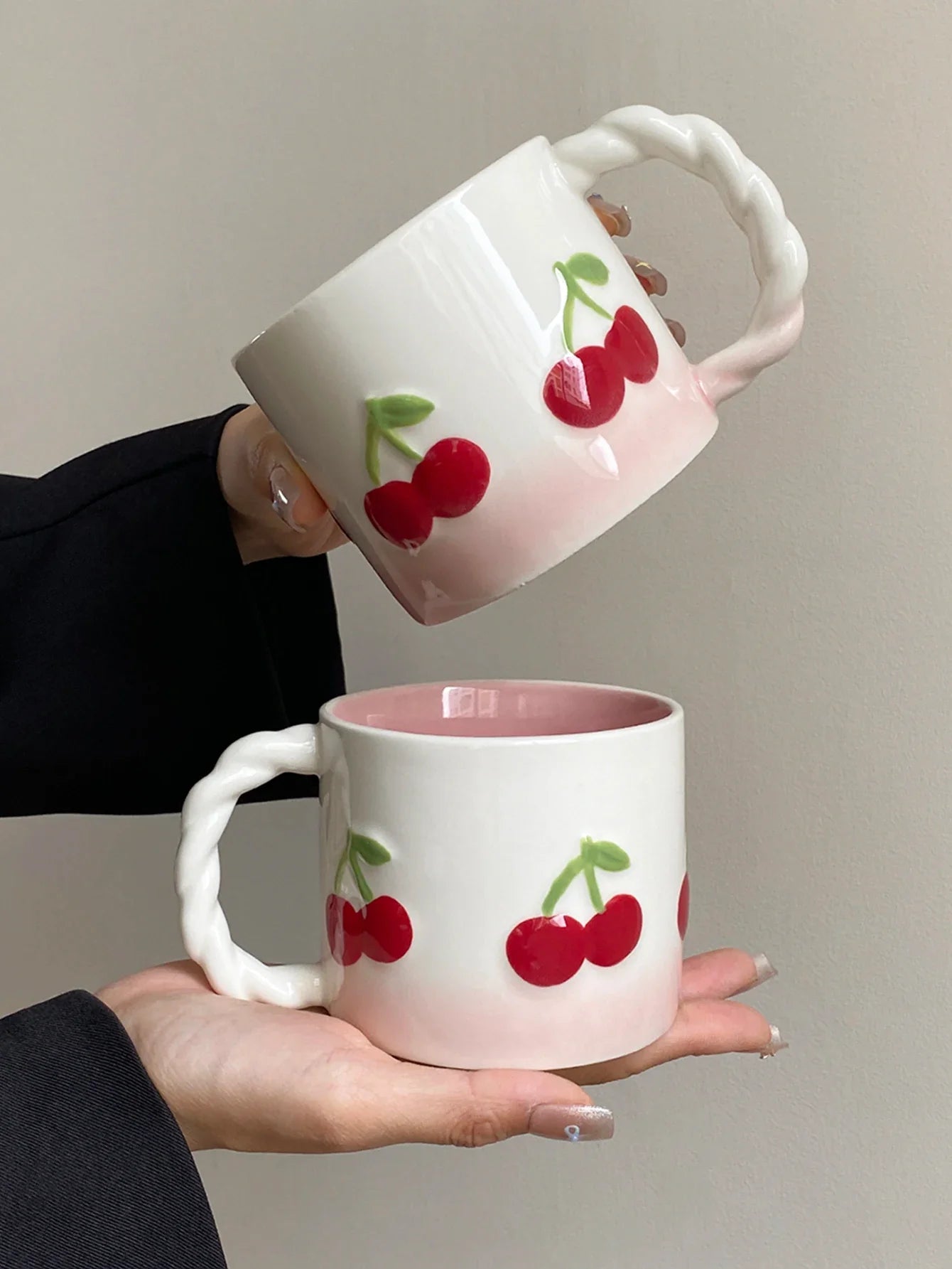 Pink Cherry Ceramic Mug, Twist Handle Ceramic Exquisite Pink Gradient Cup