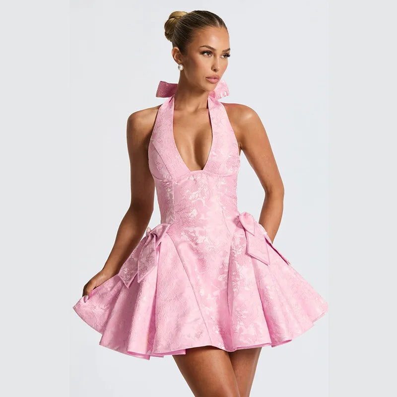 Pink Jacquard Halter Bow Evening Party Dress Women Robes Backless Elegant Sexy Dress Bodycon Mini Dress
