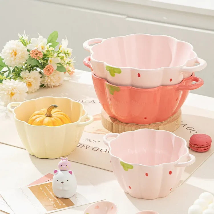 Strawberry Double Ear Ceramic Bowl,Cream 6.5-inch 9.5-inch Soup Bowl with Handle Home