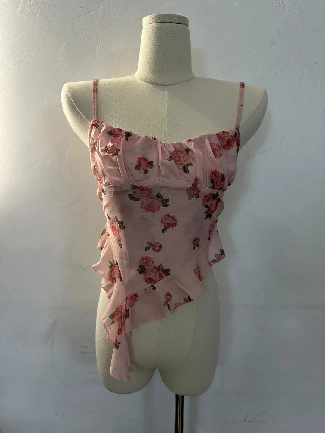 Girls Sweet Ruffles Mesh Camisole Top Lady Camis Sleeveless Printed Floral T shirts Stretch Slim Tanks For Slim Women