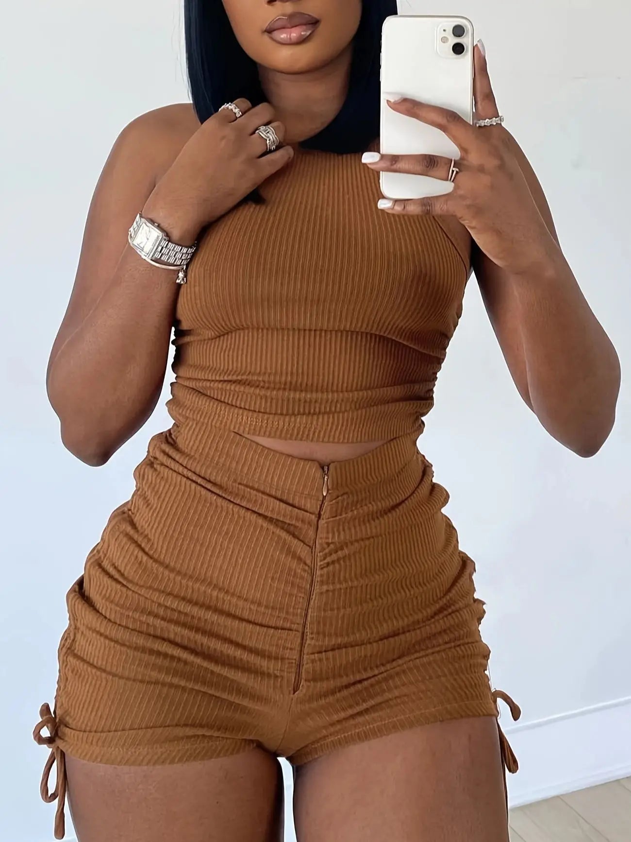 Plus Size Rib Knit Ruched Drawstring Shorts Set Summer High Elasticity Women's Set Tank Top and Ruched Shorts Two Piece Set