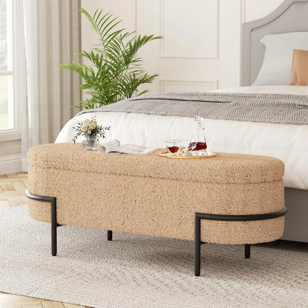 Storage Ottoman Bench with Metal Stand, Upholstered Sherpa Stool with Large Storage Space, Modern Storage Bench