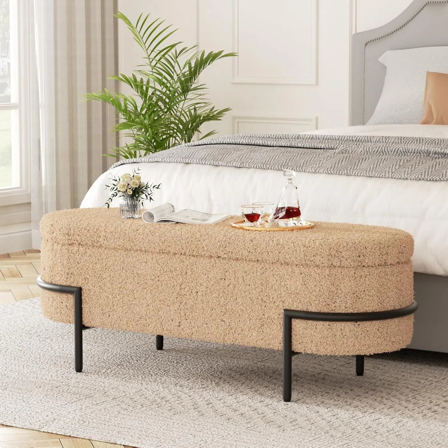 Storage Ottoman Bench with Metal Stand, Upholstered Sherpa Stool with Large Storage Space, Modern Storage Bench