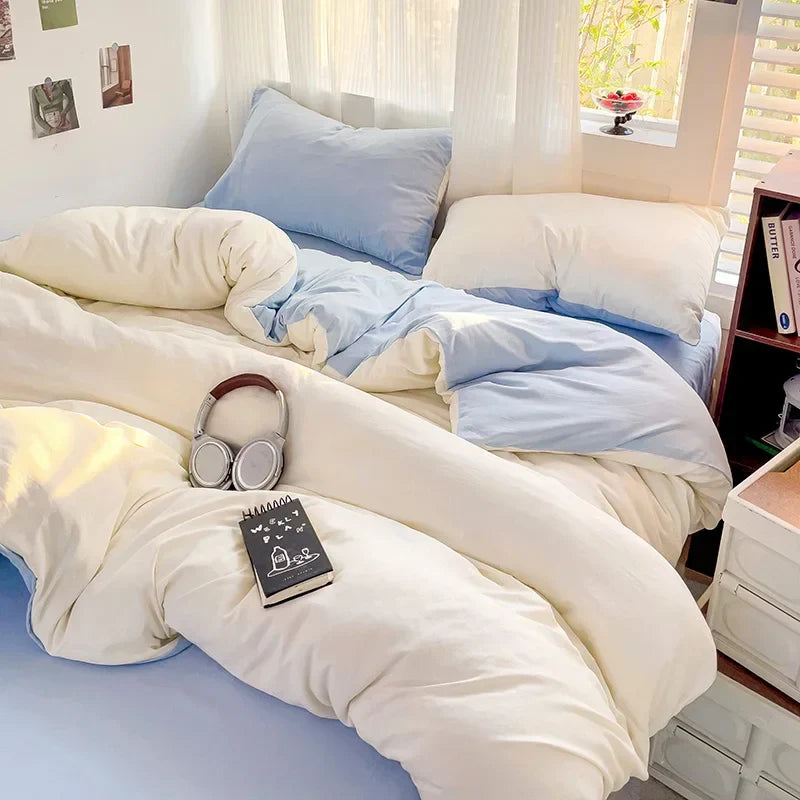 Solid Bed Linen Cotton Bedding Set 4pcs with Sheet Duvet Cover Pillowcases Single Couple Bedsheet