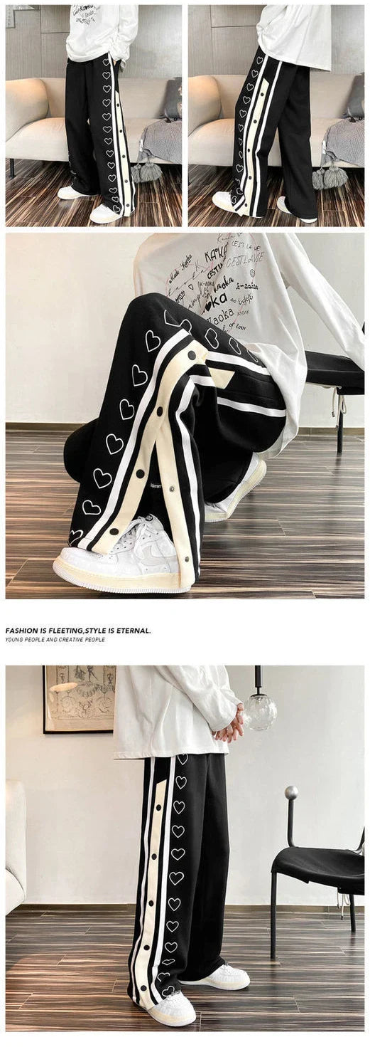 Harajuku Wide Leg Sweatpants Oversize Men Streetwear Side Button Baggy Pants Casual Hearts Sport Split Basketball Women Track Trousers