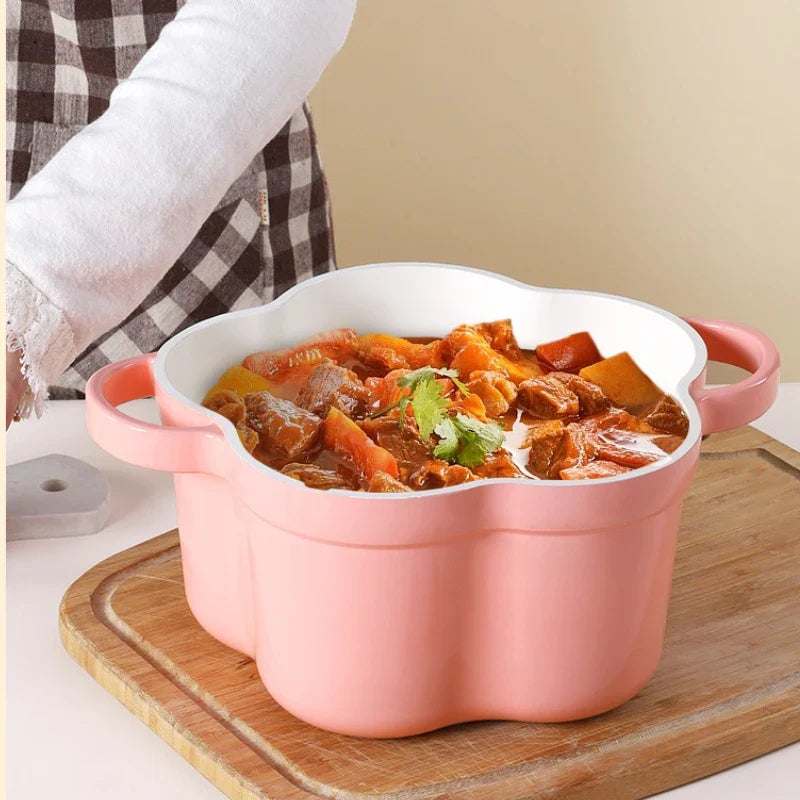 Pink Enamel Dutch Oven Non-Stick Pot Romantic Aesthetic Cooking Enameled Cast Iron Cookware Kitchen