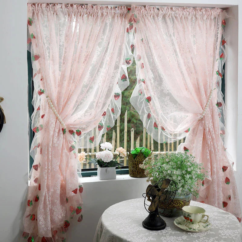 French Pink Lace Cute Strawberry Sequin Lace Curtains