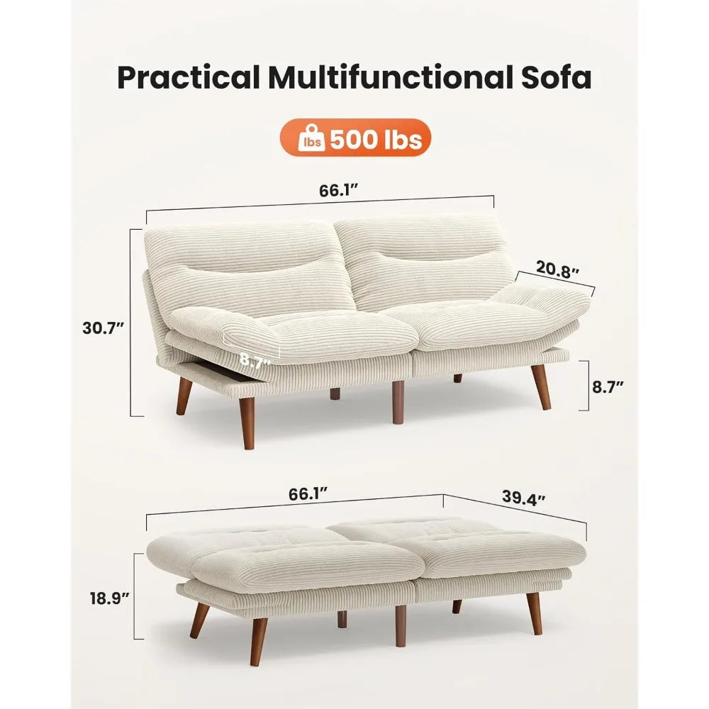Futon Sofa Bed with Adjustable Backrest & Armrests, Convertible Futon Sofa Couch for Small Spaces, Living Room or Office