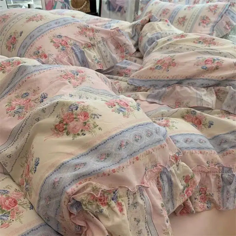 Princess Floral Bedding Set Washed Cotton Vintage French Flowers Lace ruffles Duvet Cover Set Pillowcase