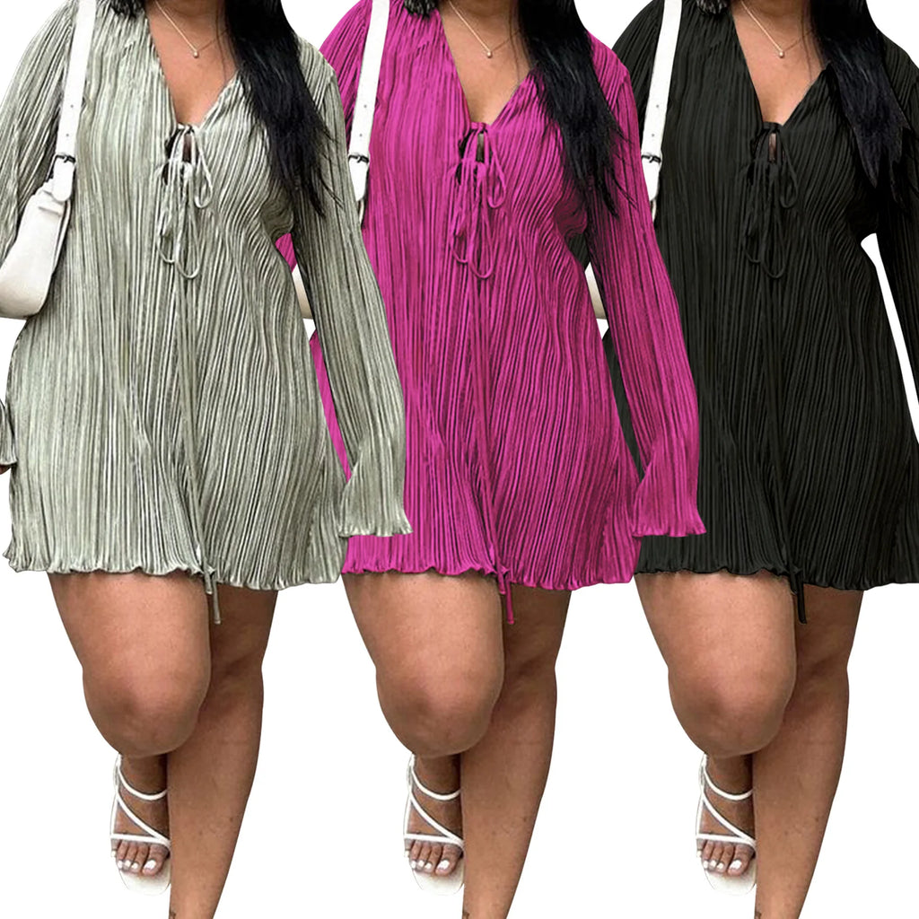 Long Sleeve Women V-neck Pleated Dress Casual Streetwear Plus Size Mini Dresses Party Casual