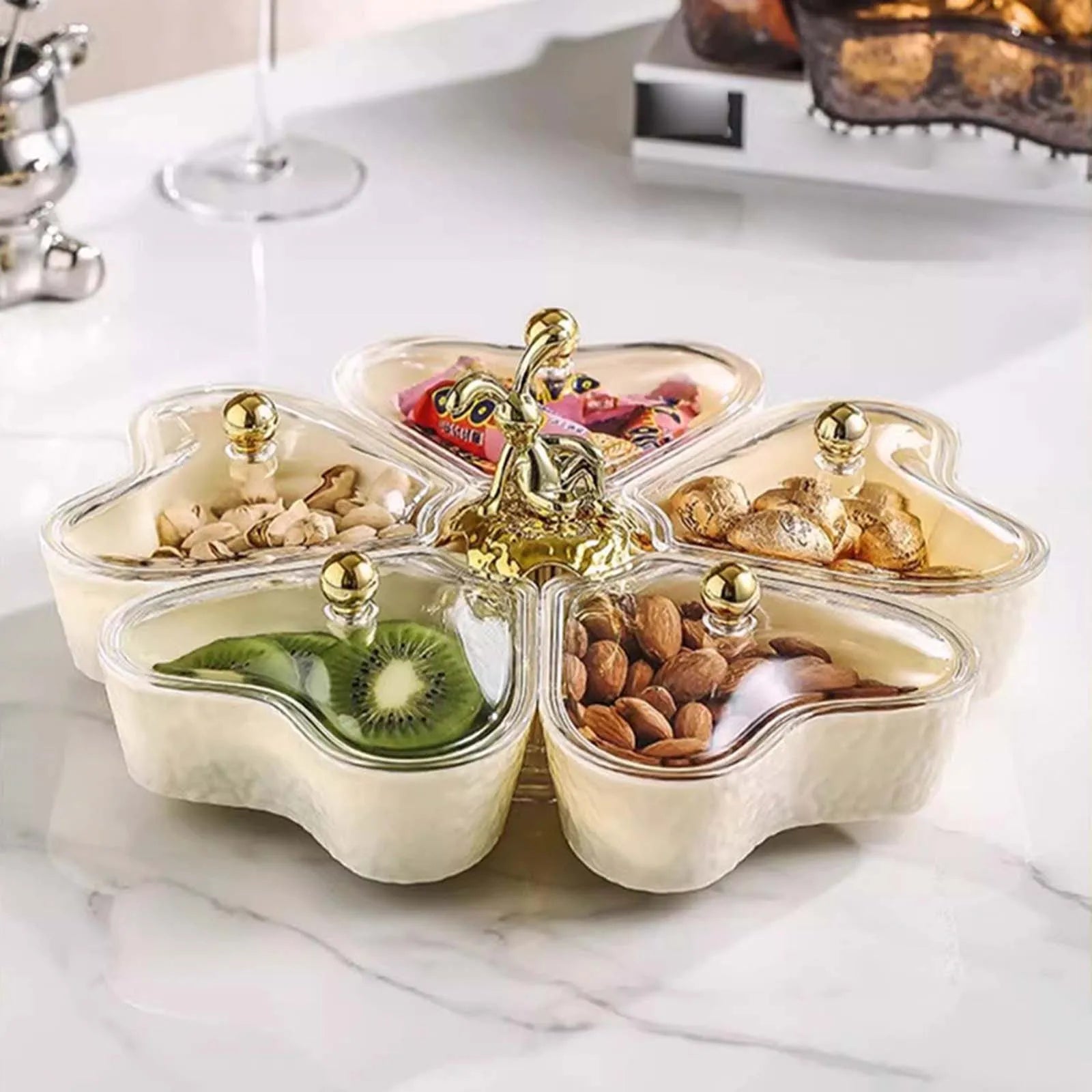 Divided Serving Tray Fruit Plate Organizer Nut Candy Veggie Tray Rotating Snack Platter for Candy Nuts Sweets Fruit Tea Party