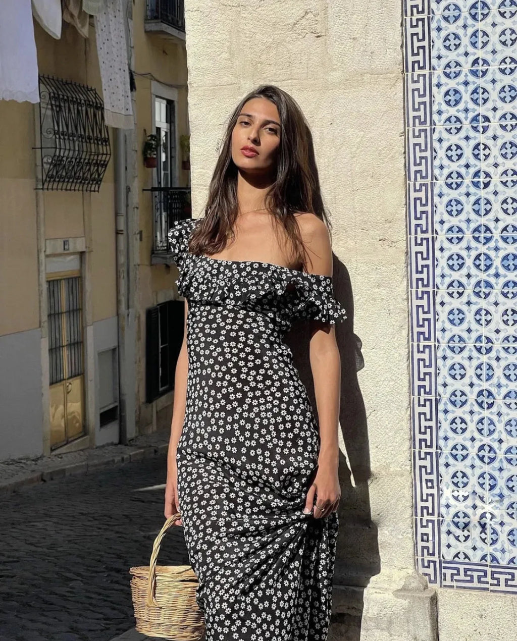 French Daisy Vintage Girl Silk Polka Dots U Neck V Back Sexy Summer Women Long Dress