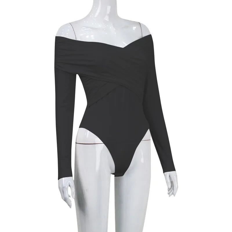 Sexy Off Shoulder Women's Bodysuits Fashion Crossed Folds Skinny Rompers Long Sleeve