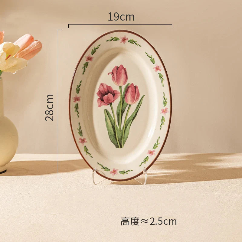 Retro Tulips Flower Ceramic Light Luxury Exquisite Dessert Plate