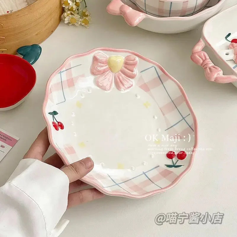 Cherry Plate High Beauty Dessert Cute Ceramic Tableware Flat Dish Set Decoration