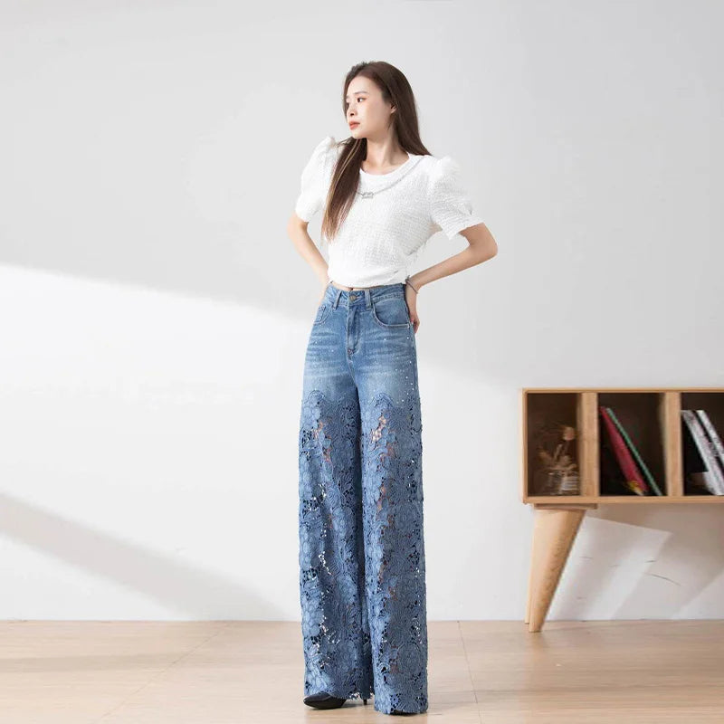 Vintage Hollow Out Lace Flowers Lady Jeans Loose Straight Denim Pants High Street Elegant Summer New Trousers Chic Fashion Pant