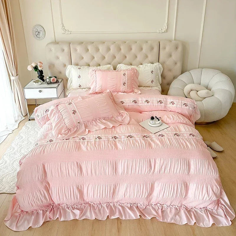 French Embroidered Lace Bubble Gauze Bedding Set Elegant Princess Style Duvet Cover Set Ruffled Comforter Cover Sets