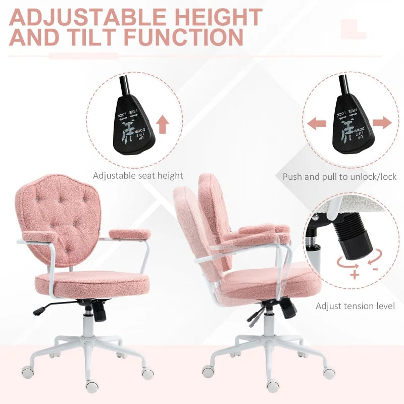 Pink Fabric Swivel Desk Chair Adjustable Height Reclining for Home Office Chair Stylish Comfortable Computer Chair with Armrests